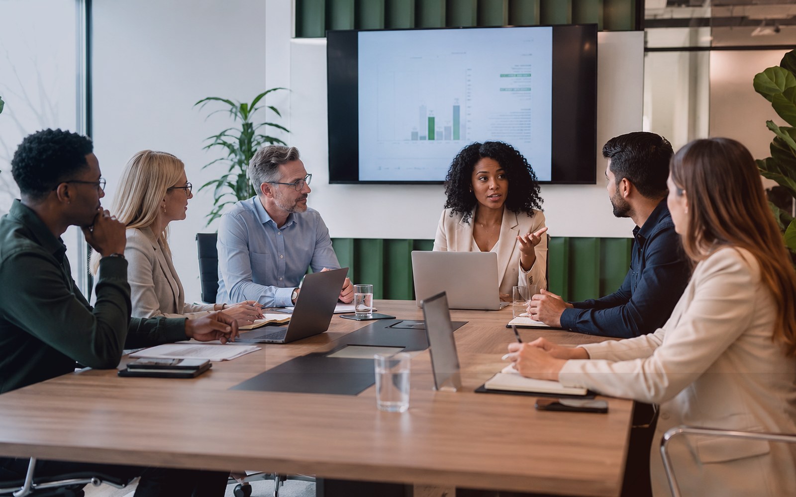 Professional people discussing event space requirements