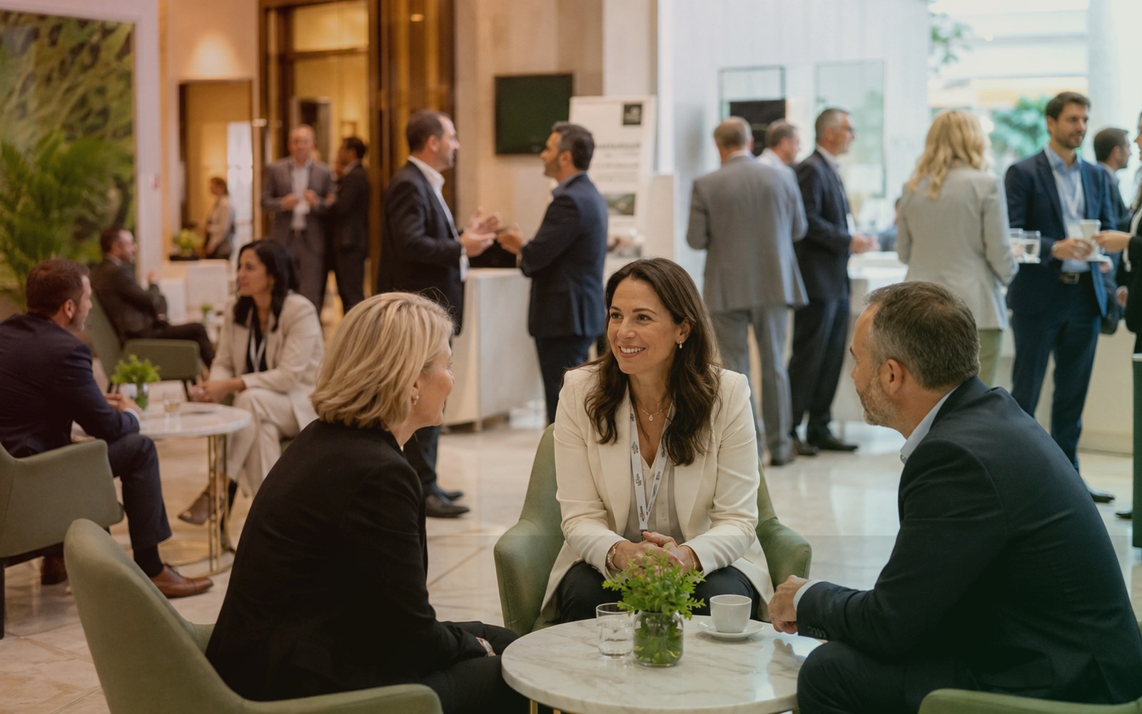 Professional people discussing event space requirements